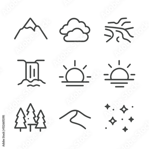 Natural Landscape Icons. Outline icon set of natural landscape time-lapses: mountain peak, rolling clouds, flowing river,