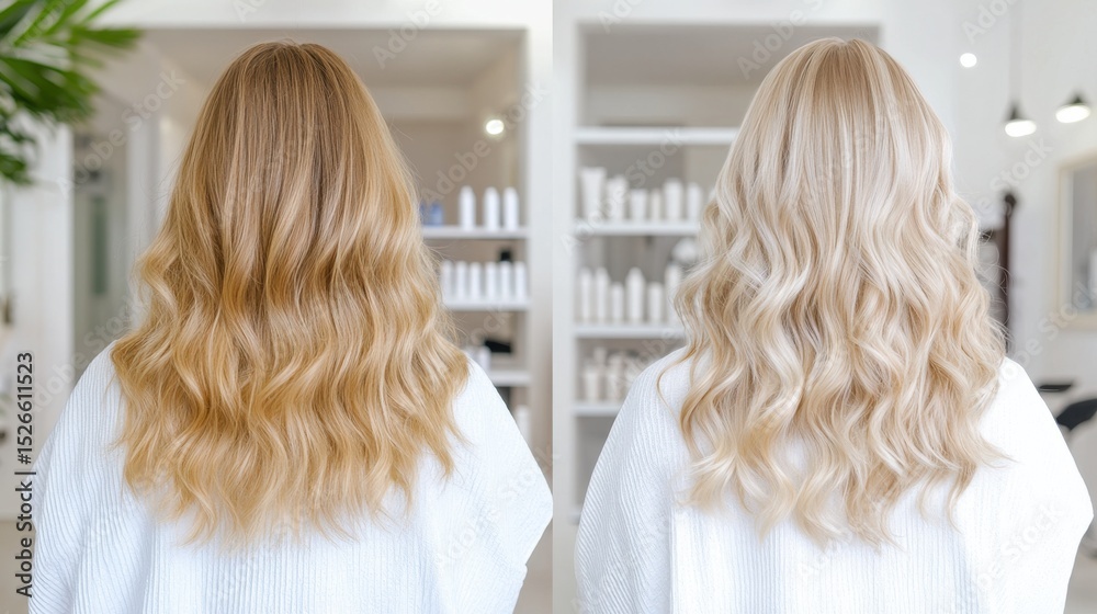 Fototapeta premium Hair Transformation: A captivating before-and-after perspective of hair, demonstrating an astonishing makeover achieved through professional expertise. witness a breathtaking transformation.