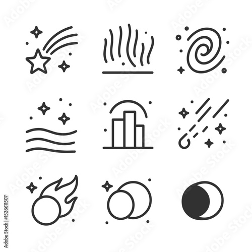 Night Sky Icons. Outline icon set of night sky phenomena: shooting star, aurora borealis, milky way, zodiacal light, airglow,