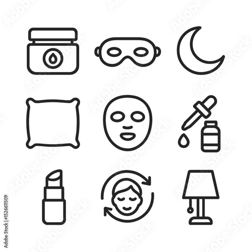 Night Skincare Icons. Outline icon set of nighttime skincare: night cream jar, eye mask, crescent moon, pillow icon, sheet mask,