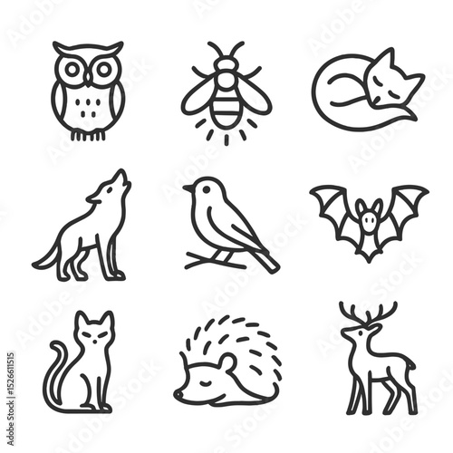 Nighttime Creature Icons. Outline icon set of nighttime creatures: wise owl, glowing firefly, slumbering fox, howling wolf,