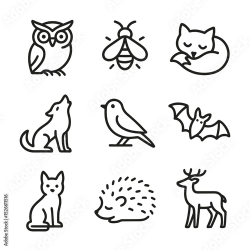 Nighttime Creature Icons. Outline icon set of nighttime creatures: wise owl, glowing firefly, slumbering fox, howling wolf,