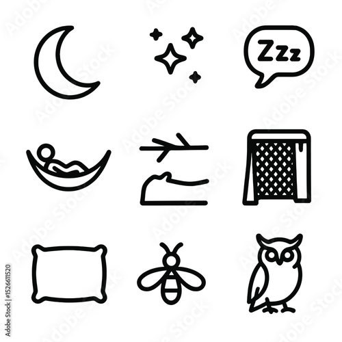 Nighttime Hammock Icons. Outline icon set of nighttime hammock nap: crescent moon, star cluster, sleeping person silhouette, ZZZ