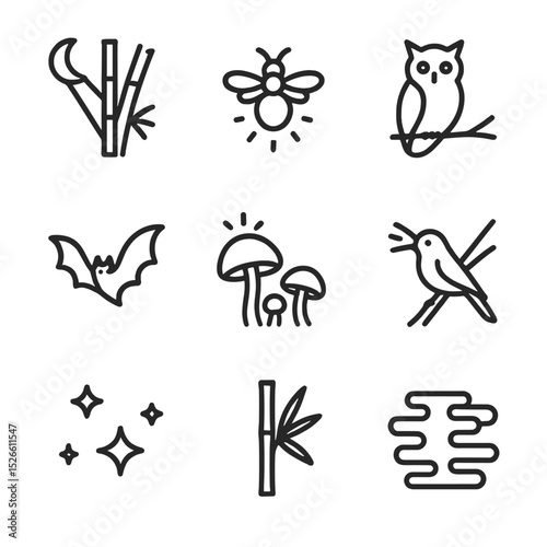 Nocturnal Bamboo Icons. Outline icon set of bamboo forest nocturnal life: moonbeam shaft, firefly glow, owl silhouette, bat flight