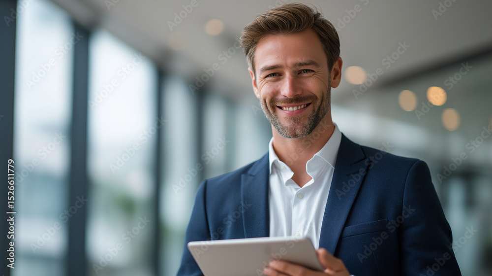 Young Businessman Using Tablet in Modern Office with City View Young Businessman Using Tablet in Modern Office with City View