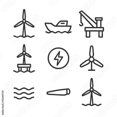 Offshore Wind Icons. Outline icon set of offshore wind farm installation: wind turbine, boat, crane, platform, energy, sea, blades
