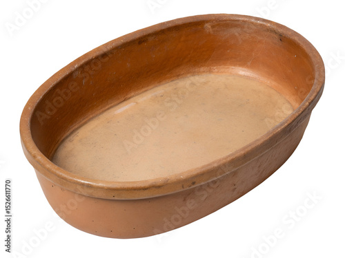 Empty Terracotta Oval Baking Dish Isolated on transparent background, Isolated Png file, Cut-out, Isolate Png, No Background, Isolated object