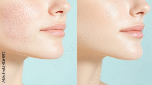 Skincare Transformation: A side-by-side comparison showcases the remarkable effects of skincare, with a before-and-after view of enhanced skin texture, highlighting a journey to radiance and health.