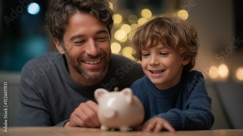 Father and son enjoy collecting coins in a cozy living room photo