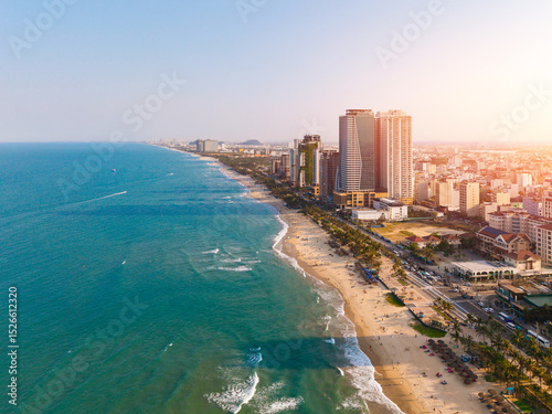 Cuadro en lienzo Aerial view Coastal skyline of Da nang Vietnam with sandy beaches and skyscraper