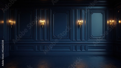Dark, elegant room with ornate panelling and sconces