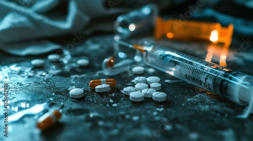 Wallpaper Mural Drug Abuse Aftermath: Scattered pills, a discarded syringe, and crumpled cash lay on a dark, textured surface, a stark visual representation of the devastating consequences of drug addiction. Torontodigital.ca