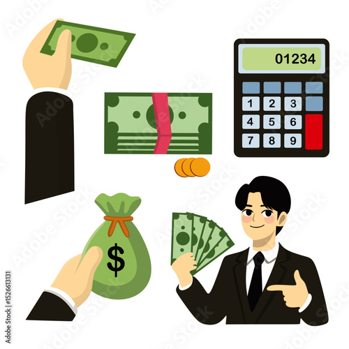 Illustration Showing Money Handling and Financial Planning Elements