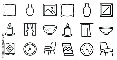 Home decor elements: cushions, vases, and wall art vector icons