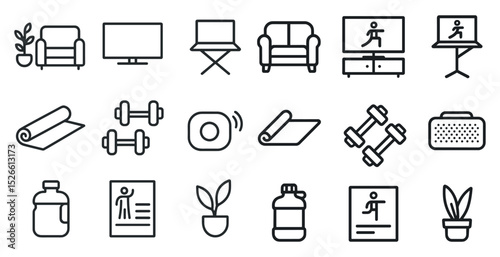 Modern home fitness and office icon set for digital design