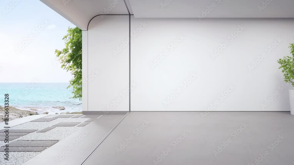 Sea view empty large living room of luxury summer beach house with terrace. Concrete floor and white wall in vacation home or holiday villa. Hotel interior 3d illustration.