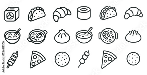 Diverse culinary icons featuring global snacks and dishes for menu design