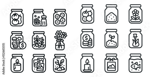 Creative icons of jars with food, money, flowers, and candles for diverse design needs