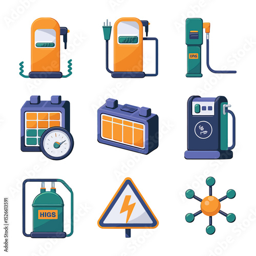 vector icons to vehicle fueling and charging a gasoline pump, an electric vehicle plug hydrogen mole