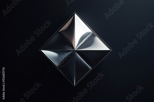 Close up of a glossy silver rhombus reflecting light, creating a visually striking contrast against a matte black background
