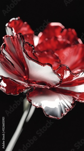 Studio shot of a red carnation flower with translucent petals, creating a stunning visual effect of negative space against a black background