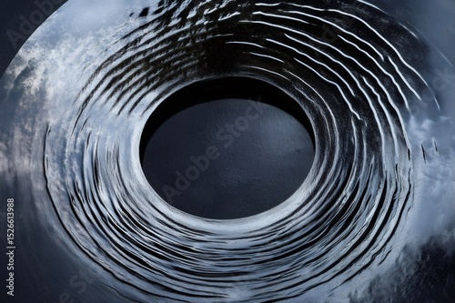 Shiny black metallic disc with concentric ripples converging towards a central void, creating a mesmerizing abstract composition