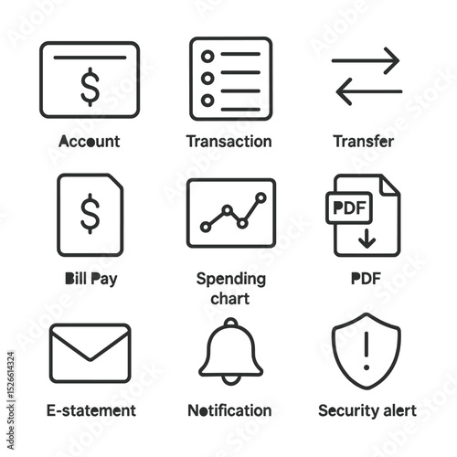 Online Banking Icons. Outline icon set of online banking dashboard: account balance display, transaction list, transfer funds