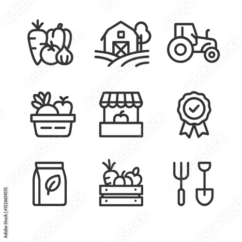 Organic Icons Grid. Outline icon set of organic farming products: organic vegetables, farm, tractor, produce, market,