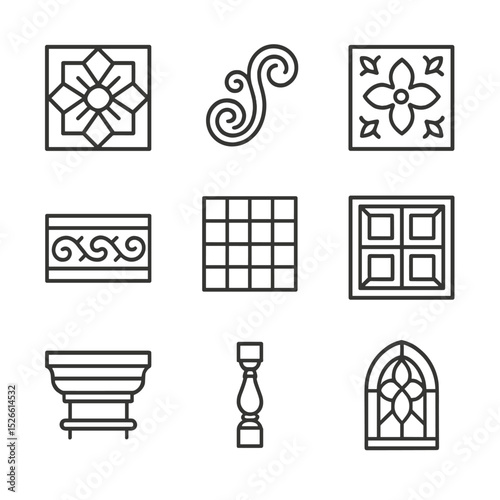 Ornamental Icons Grid. Outline icon set of ornamental patterns: geometric motif tile, arabesque swirl, floral relief panel, frieze