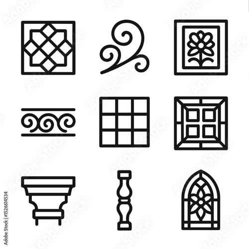 Ornamental Icons Grid. Outline icon set of ornamental patterns: geometric motif tile, arabesque swirl, floral relief panel, frieze