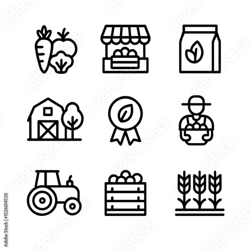 Organic Product Icons. Outline icon set of organic product trade: organic vegetables, market, packaging, farm, certification,