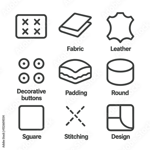 Ottoman Icon Grid. Outline icon set of ottoman features: tufted cushion, fabric, leather, decorative buttons, padding, round,