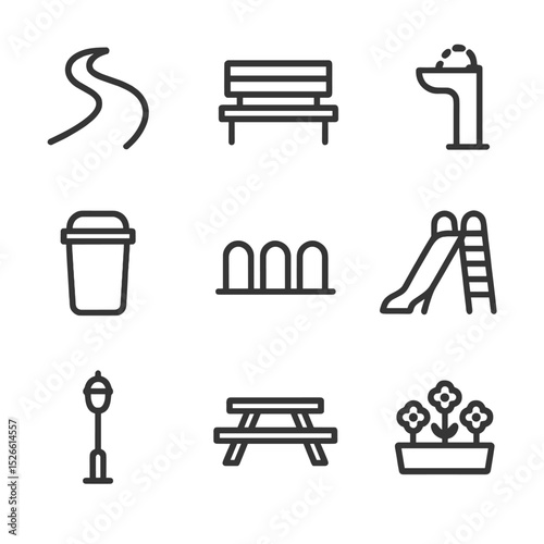 Outdoor Park Icons. Outline icon set of outdoor public park spaces: walking path, park bench, drinking fountain, trash bin, bike