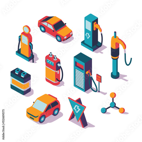 vector icons to vehicle fueling and charging a gasoline pump, an electric vehicle plug hydrogen mole