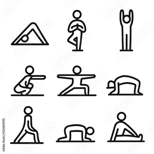 Outdoor Yoga Icon Set. Outline icon set of outdoor yoga poses: downward dog, tree pose, sun salutations, warrior pose, child's