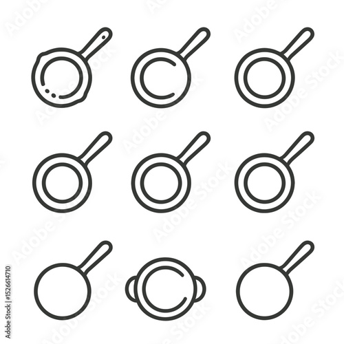 Pan Icon Comparison. Outline icon set of pan material comparisons: cast iron pan, nonstick skillet, stainless steel pan, carbon