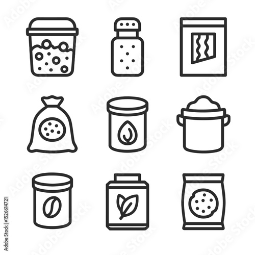 Pantry Storage Icons. Outline icon set of pantry storage box labeling: cereal container, spice jar, pasta box, rice sack, nut tin,