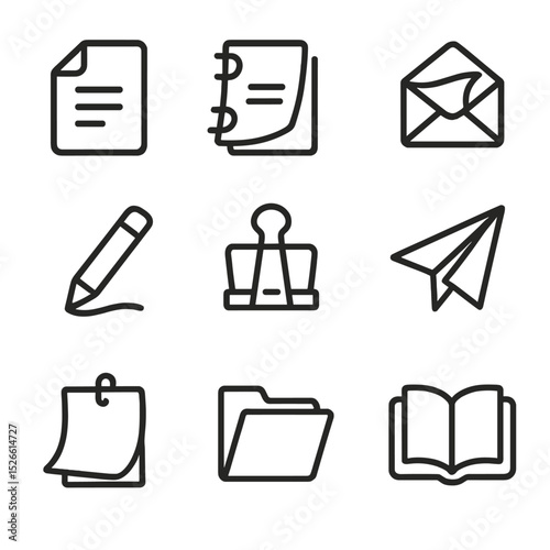 Outline Paper Icons. Outline icon set of fluttering paper sheets: document, notebook, envelope, pencil, binder clip, paper