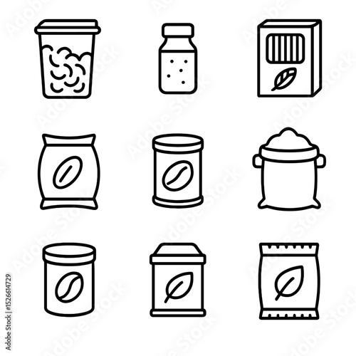 Pantry Storage Icons. Outline icon set of pantry storage box labeling: cereal container, spice jar, pasta box, rice sack, nut tin,
