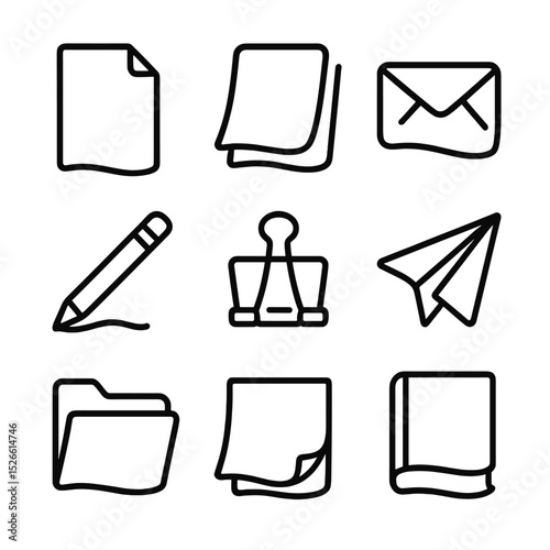 Outline Paper Icons. Outline icon set of fluttering paper sheets: document, notebook, envelope, pencil, binder clip, paper