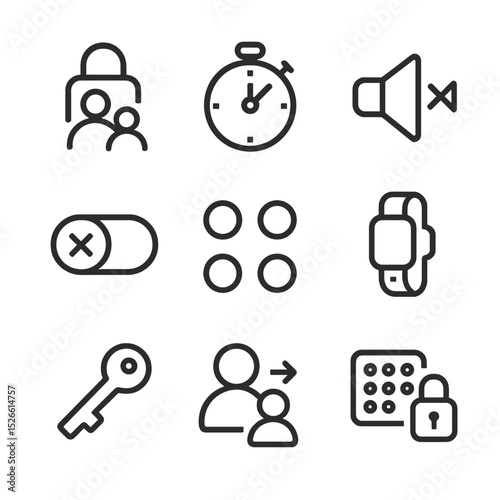Parental Control Icons. Outline icon set of parental control features: parental lock icon, time-limit timer, volume cap, button