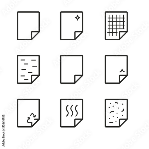 Paper Texture Icons. Outline icon set of paper textures and finishes: matte stock, glossy finish, linen texture, kraft brown,