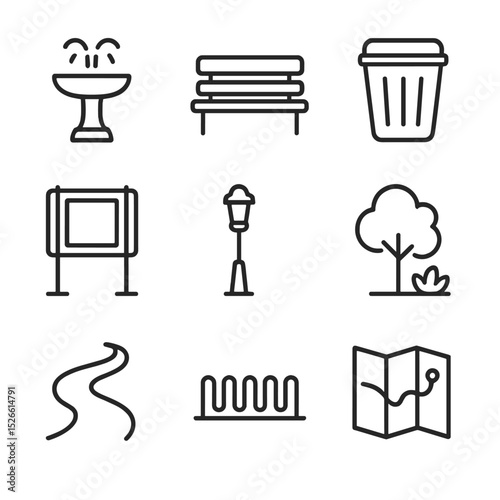 Park Amenities Icons. Outline icon set of park amenities: water fountain, bench seating, trash bin, info board, lighting pole,
