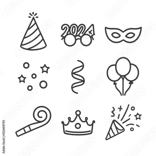 Party Accessory Icons. Outline icon set of thematic party accessories: party hat, New Year glasses, masquerade mask, glitter