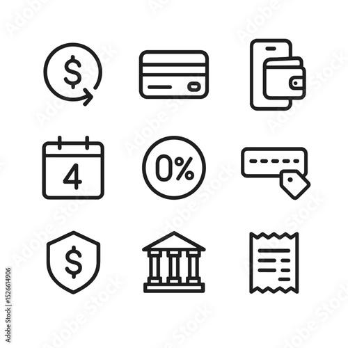 Payment Icons Set. Outline icon set of payment promotions: cashback coin, credit card, mobile wallet, installment calendar, zero