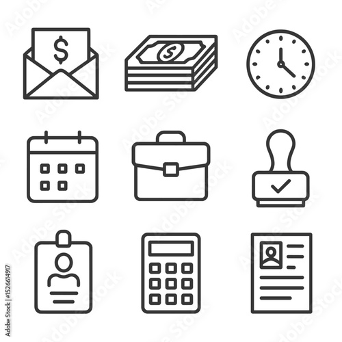 Payroll Icon Set. Outline icon set of cash stack payroll: paycheck envelope, stack of bills, clock, calendar, briefcase, approval