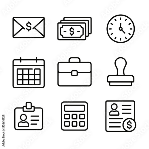 Payroll Icon Set. Outline icon set of cash stack payroll: paycheck envelope, stack of bills, clock, calendar, briefcase, approval