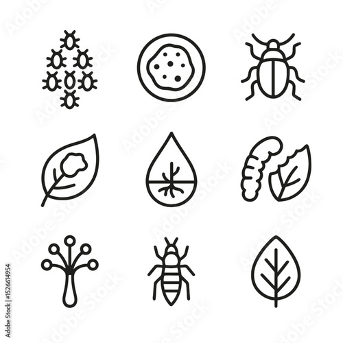 Pea Pests Icon Set. Outline icon set of pea pests and diseases: aphid cluster, powdery mildew spot, pea weevil, leaf spot, root