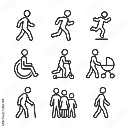 Pedestrian Mode Icons. Outline icon set of pedestrian modes: walking figure, jogging figure, hopping child, wheelchair user,