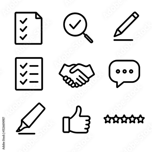 Peer Review Icon Set. Outline icon set of peer review sessions: document with check marks, magnifying glass, pencil annotation,